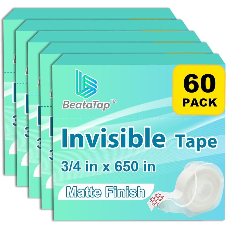 BeataTap Bulk Tape clear, Invisible Tape, Matte Finish, Writable, 3/4 in x 650 in, 60 Rolls with Dispensers, Transparent Tape, Ideal for Christmas Wrapping Paper, Gift Wrap, School Supplies & Office Use - Image 1